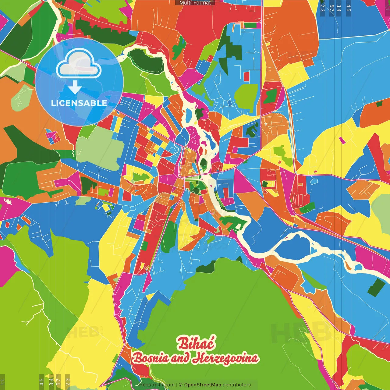Bihać, Una-Sana Canton, Bosnia and Herzegovina Crazy Colorful Street Map Poster Template