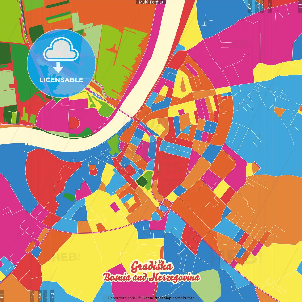 Gradiška, Republika Srpska, Bosnia and Herzegovina Crazy Colorful Street Map Poster Template