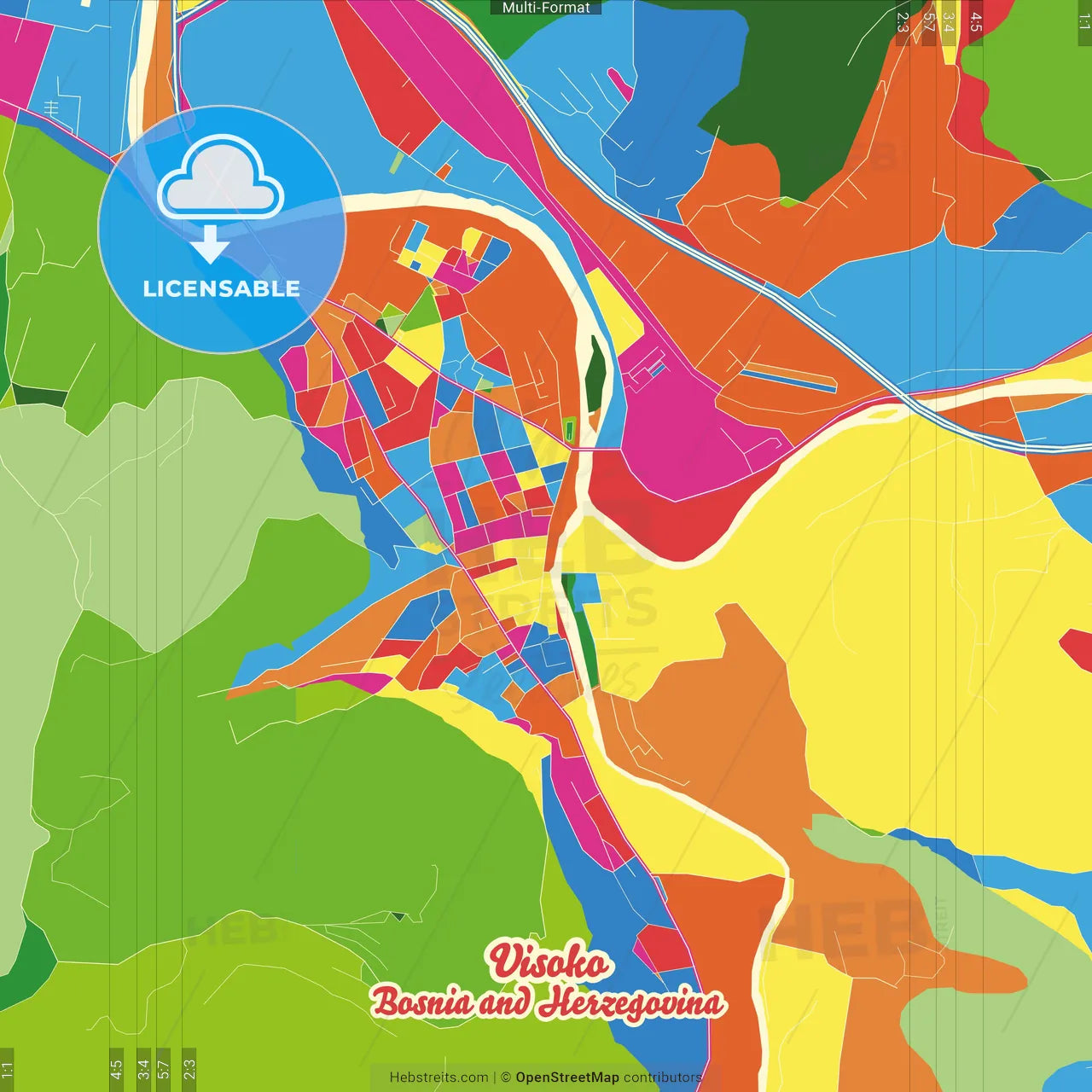 Visoko, Zenica-Doboj Canton, Bosnia and Herzegovina Crazy Colorful Street Map Poster Template