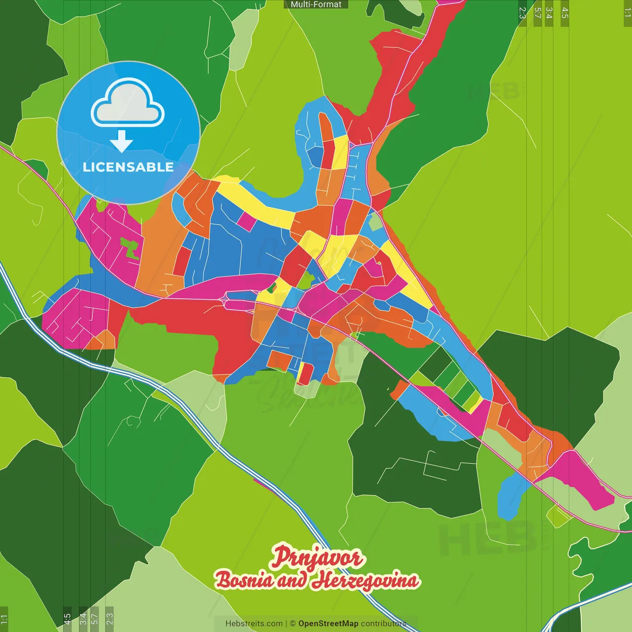 Prnjavor, Republika Srpska, Bosnia and Herzegovina Crazy Colorful Street Map Poster Template