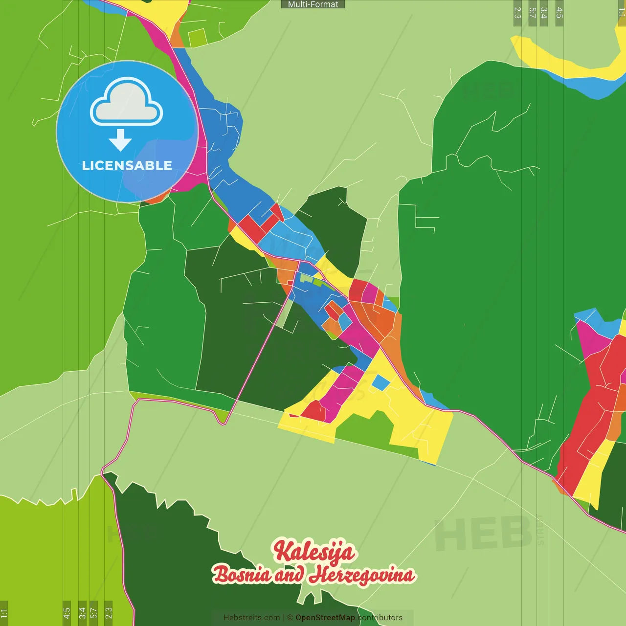Kalesija, Tuzla Canton, Bosnia and Herzegovina Crazy Colorful Street Map Poster Template