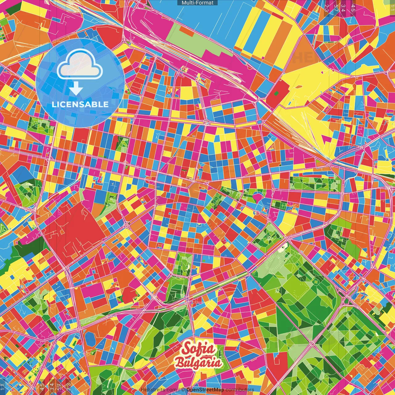 Sofia, Sofia Central Province, Bulgaria Crazy Colorful Street Map Poster Template
