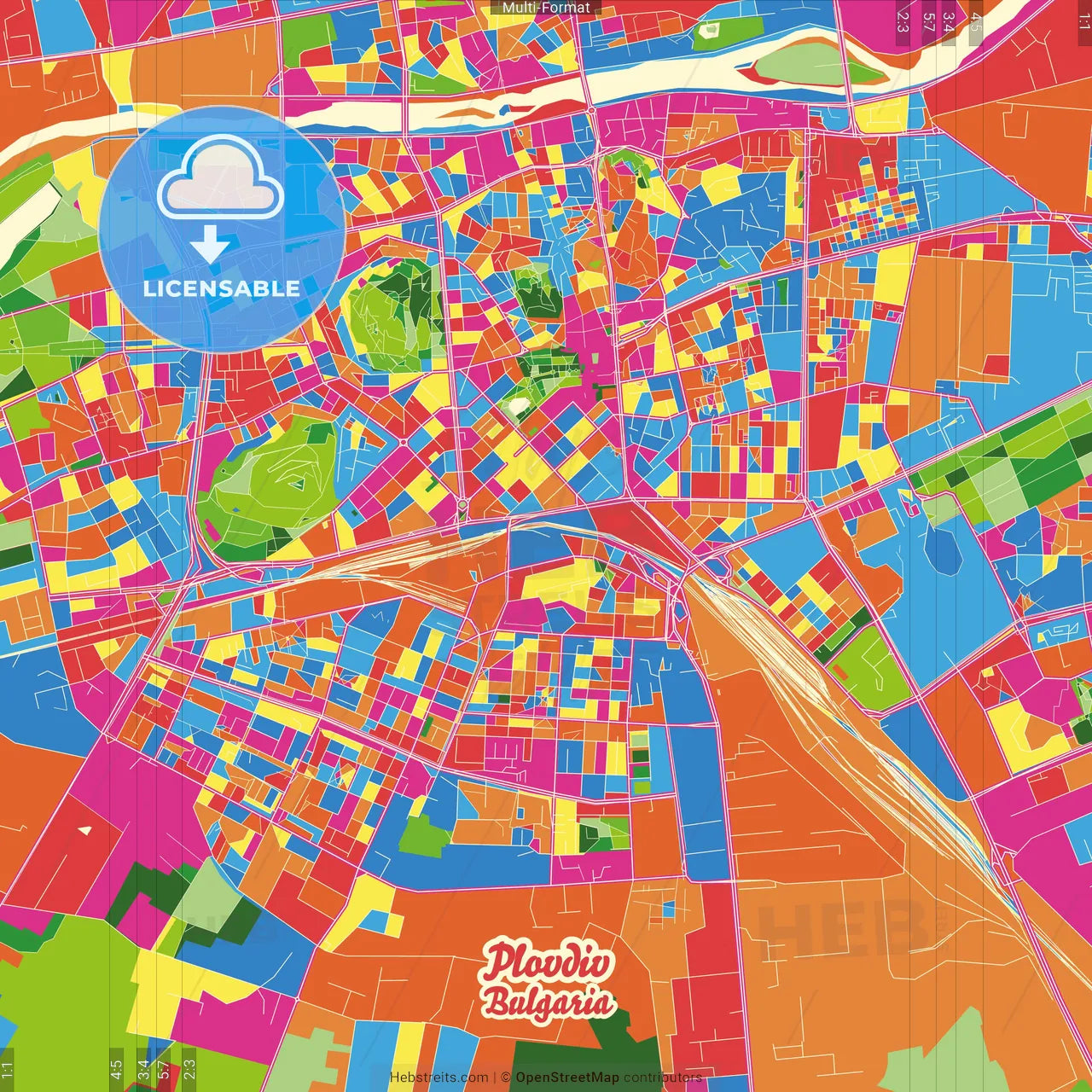 Plovdiv, Plovdiv Province, Bulgaria Crazy Colorful Street Map Poster Template