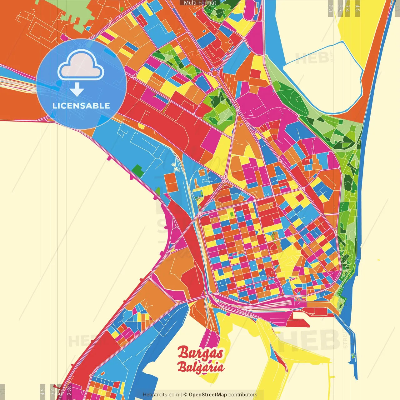 Burgas, Burgas Province, Bulgaria Crazy Colorful Street Map Poster Template
