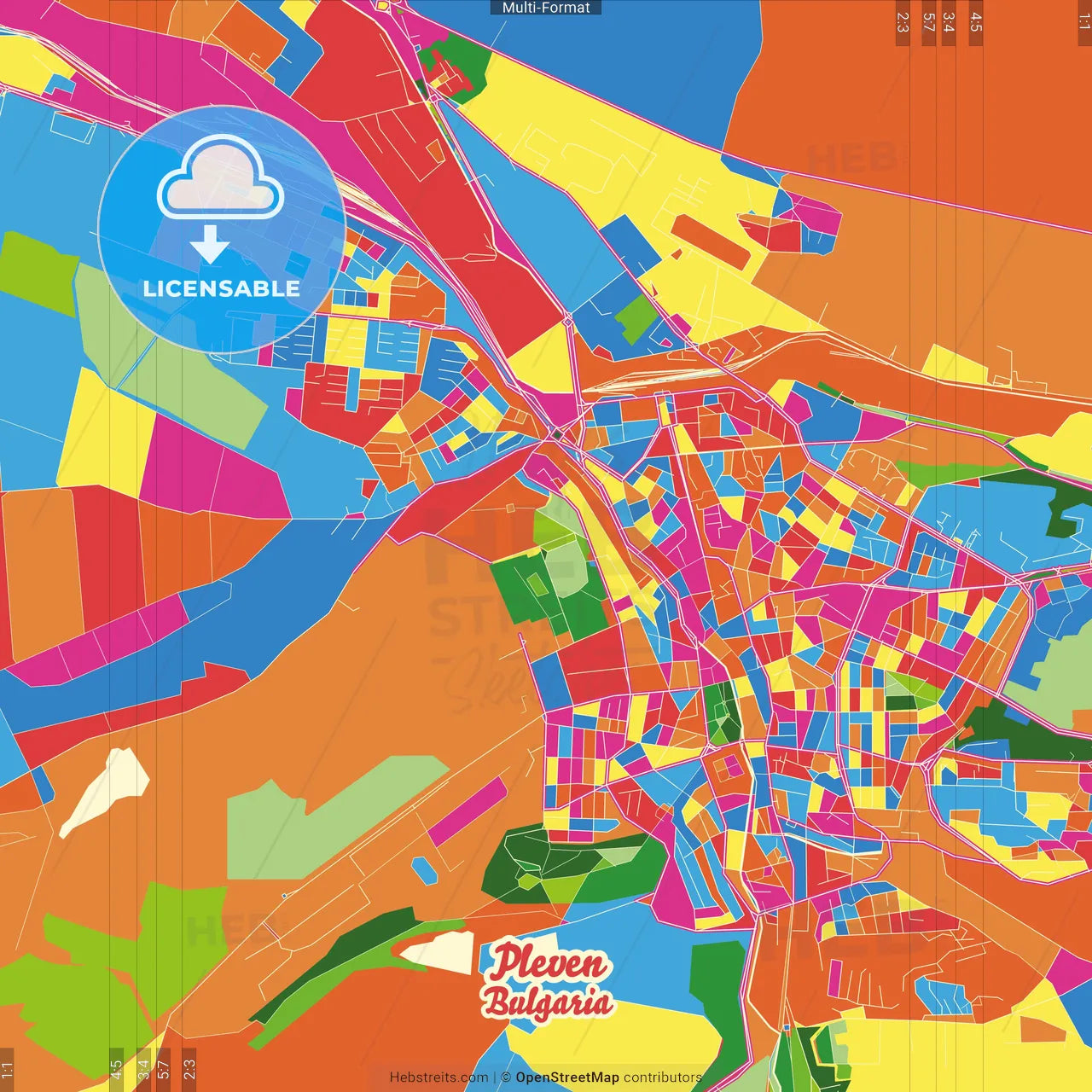 Pleven, Pleven Province, Bulgaria Crazy Colorful Street Map Poster Template