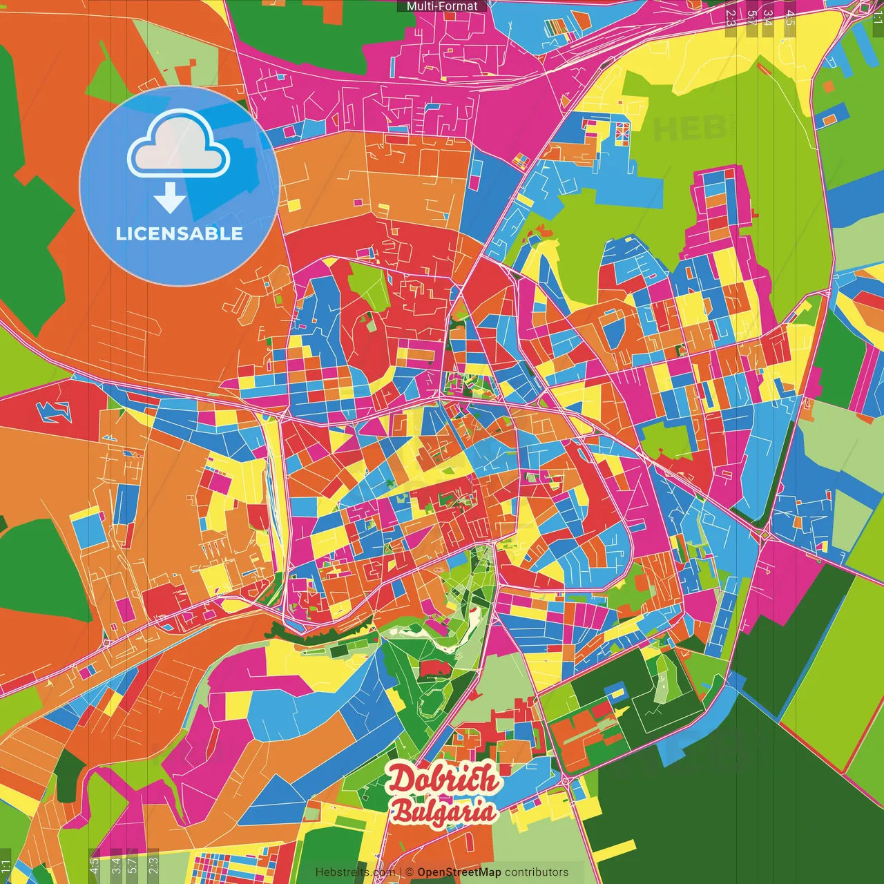 Dobrich, Dobrich Province, Bulgaria Crazy Colorful Street Map Poster Template