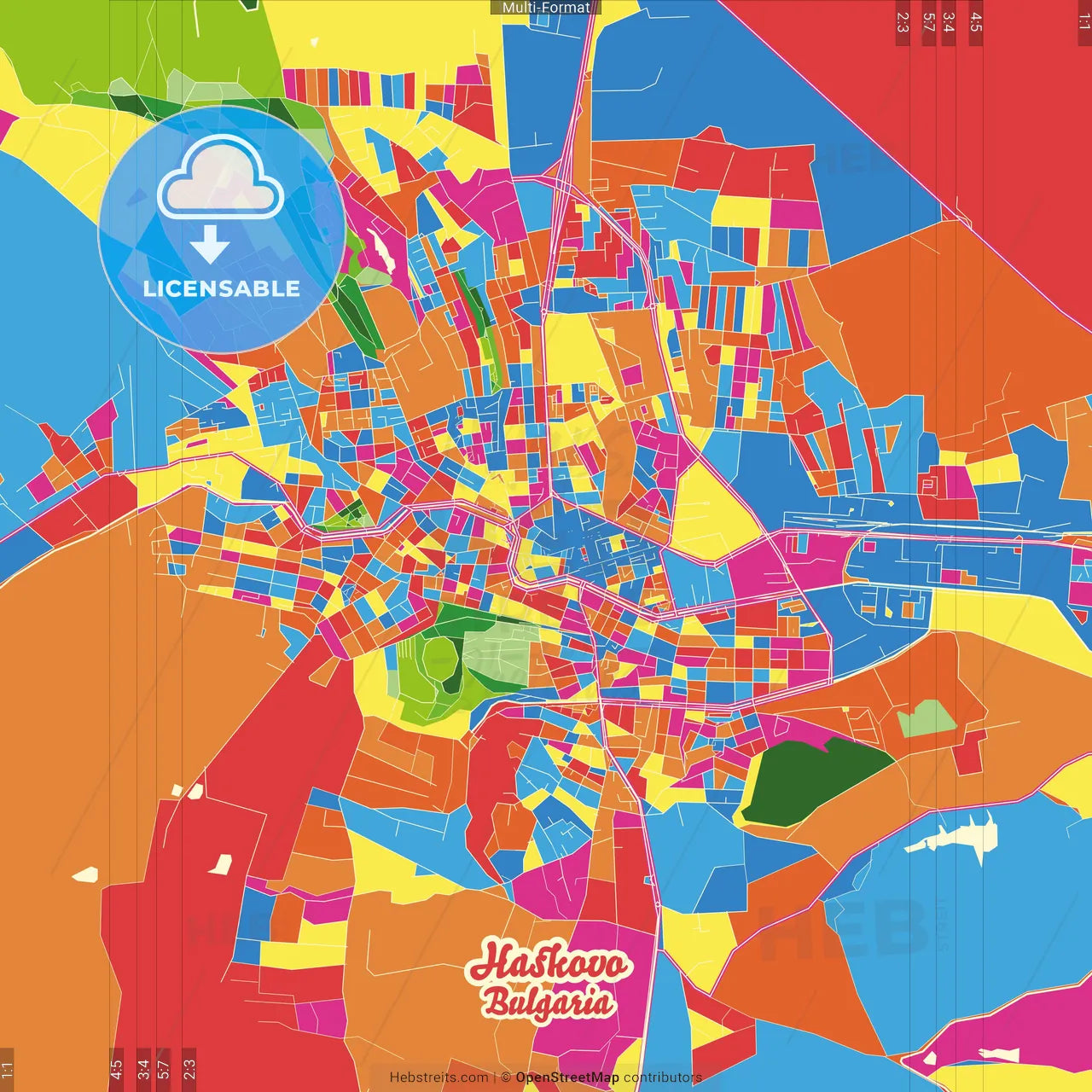 Haskovo, Haskovo Province, Bulgaria Crazy Colorful Street Map Poster Template