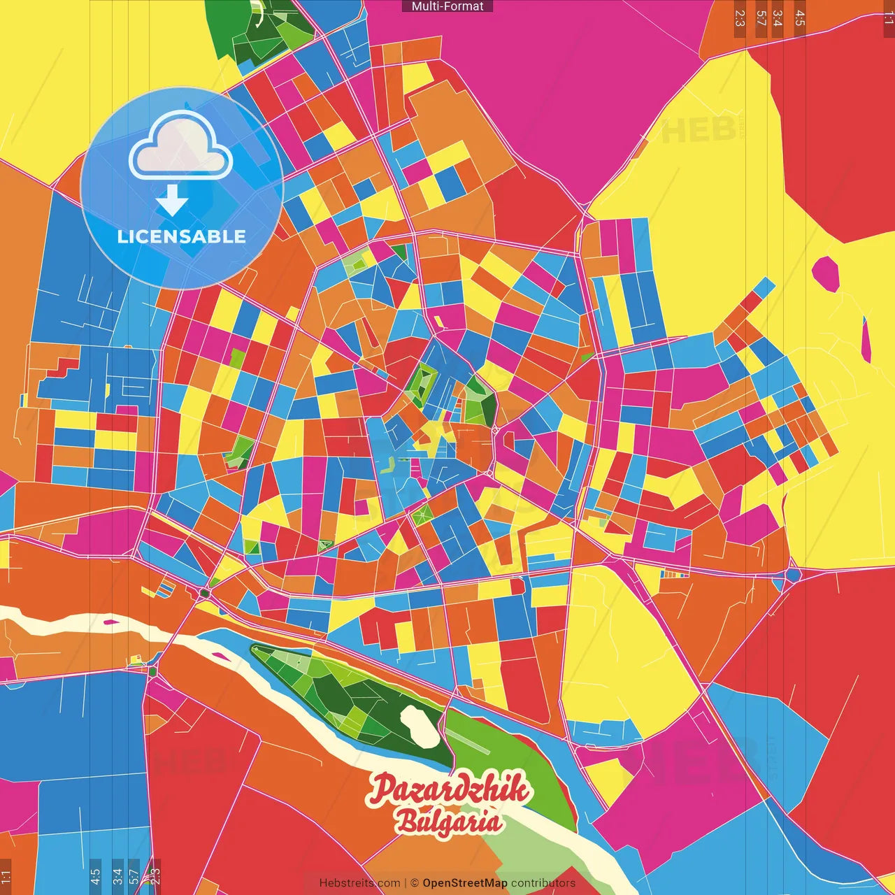 Pazardzhik, Pazardzhik Province, Bulgaria Crazy Colorful Street Map Poster Template
