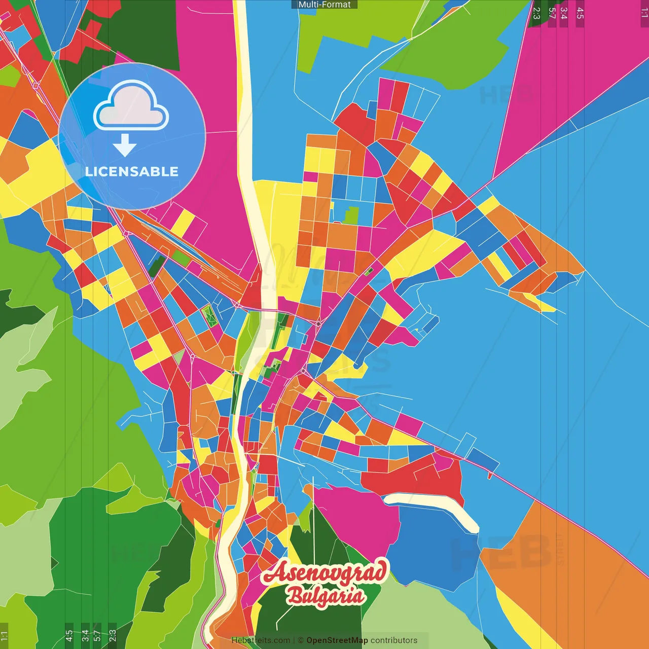 Asenovgrad, Plovdiv Province, Bulgaria Crazy Colorful Street Map Poster Template