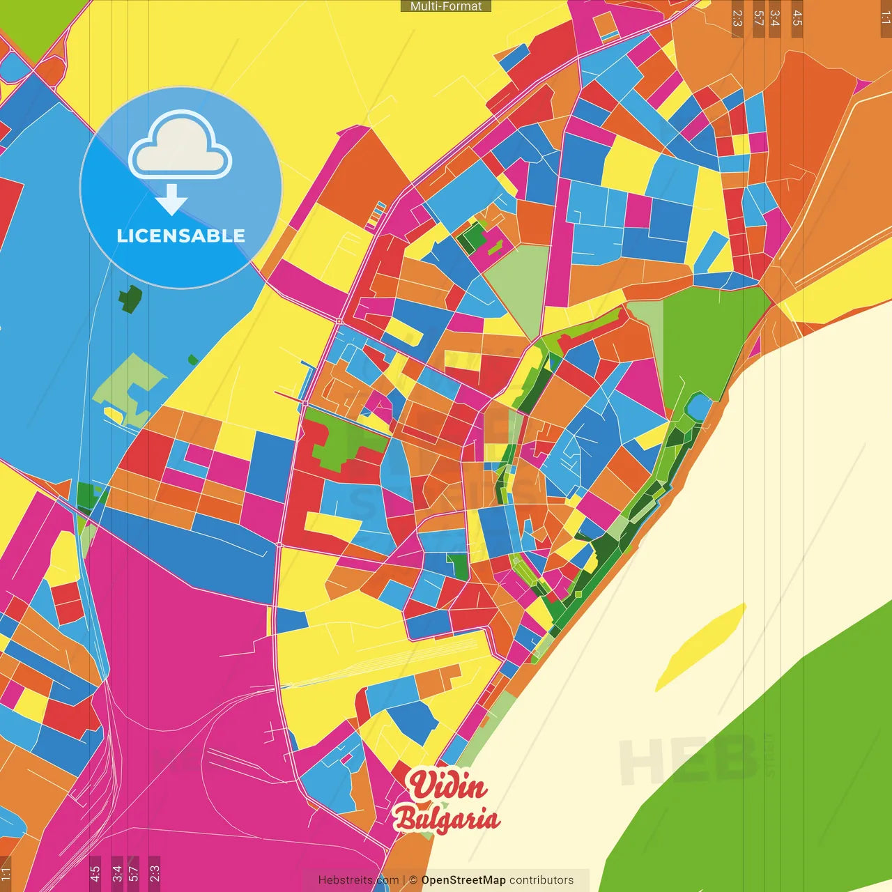 Vidin, Vidin Province, Bulgaria Crazy Colorful Street Map Poster Template