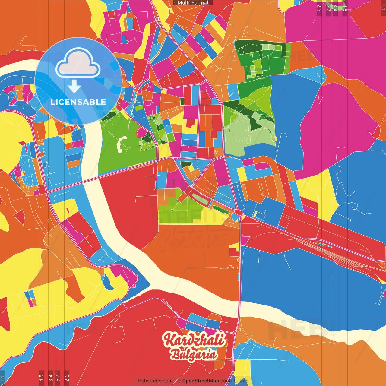 Kardzhali, Kardzhali Province, Bulgaria Crazy Colorful Street Map Poster Template