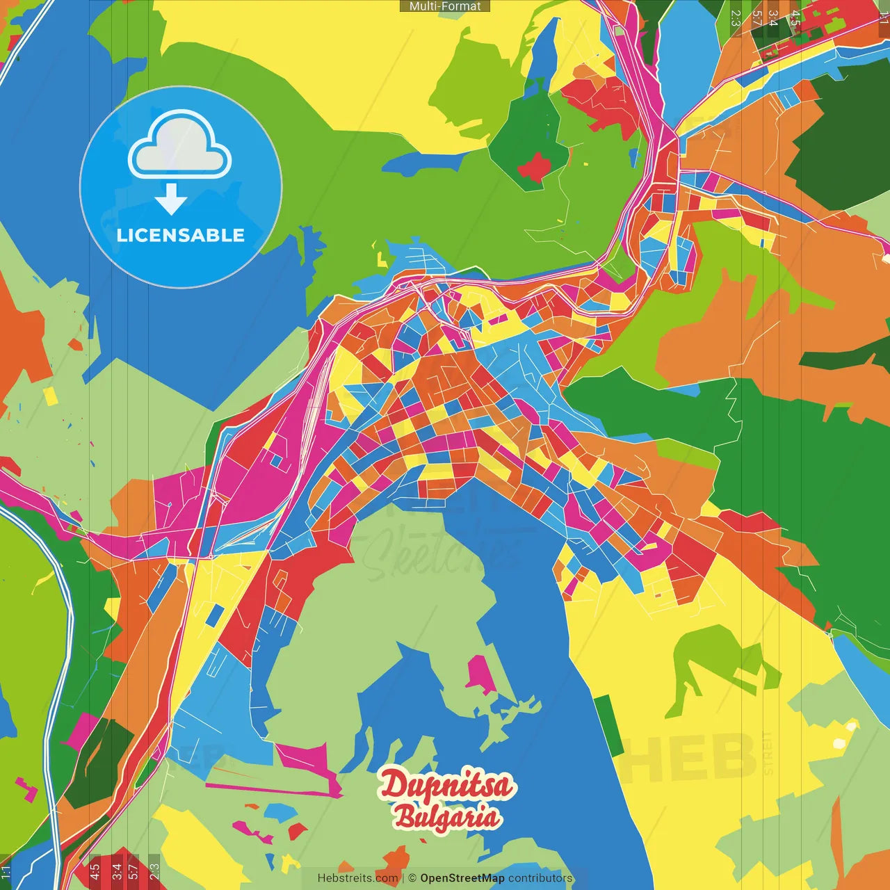 Dupnitsa, Kyustendil Province, Bulgaria Crazy Colorful Street Map Poster Template