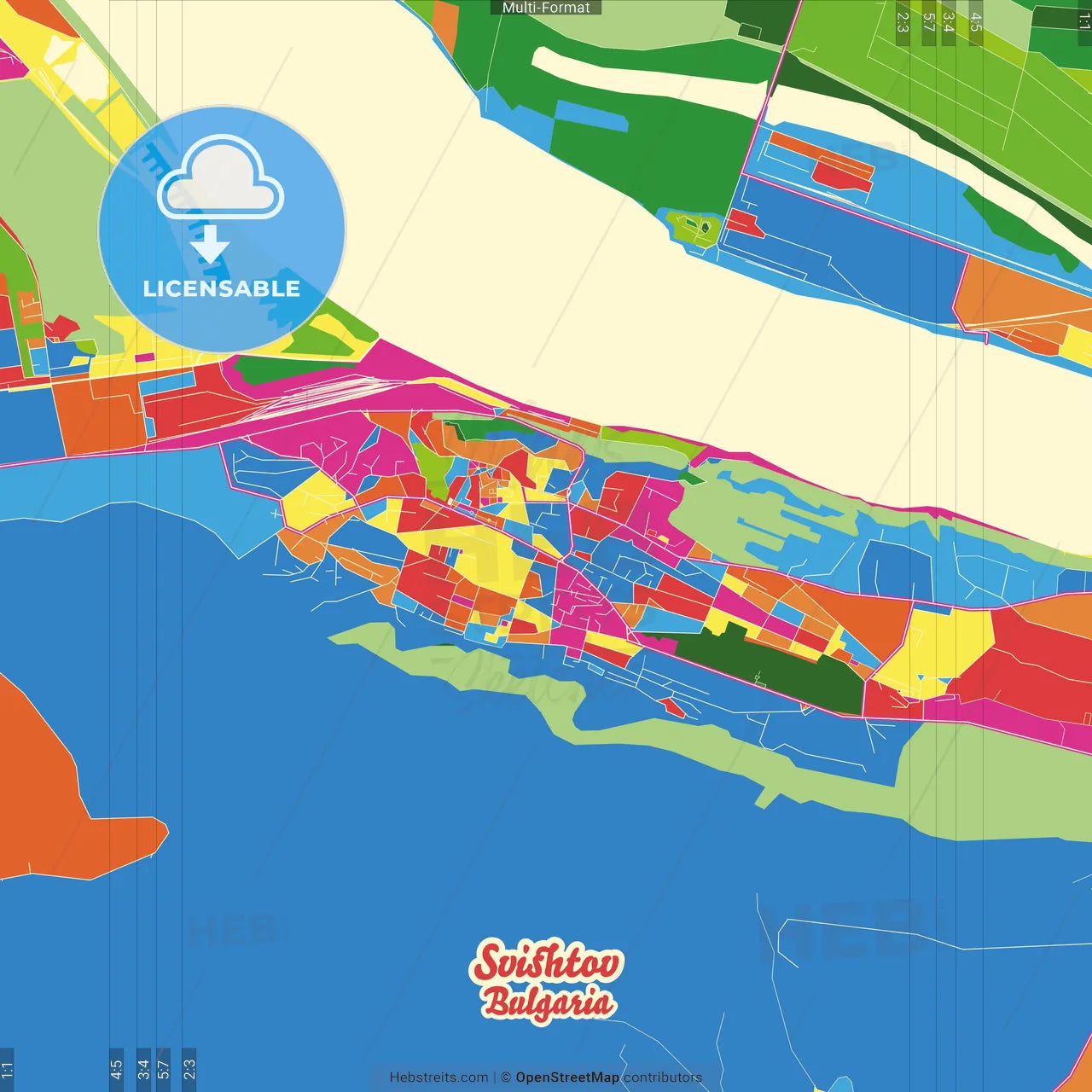 Svishtov, Veliko Tarnovo Province, Bulgaria Crazy Colorful Street Map Poster Template
