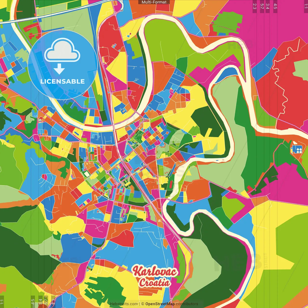 Karlovac, Karlovac County, Croatia Crazy Colorful Street Map Poster Template