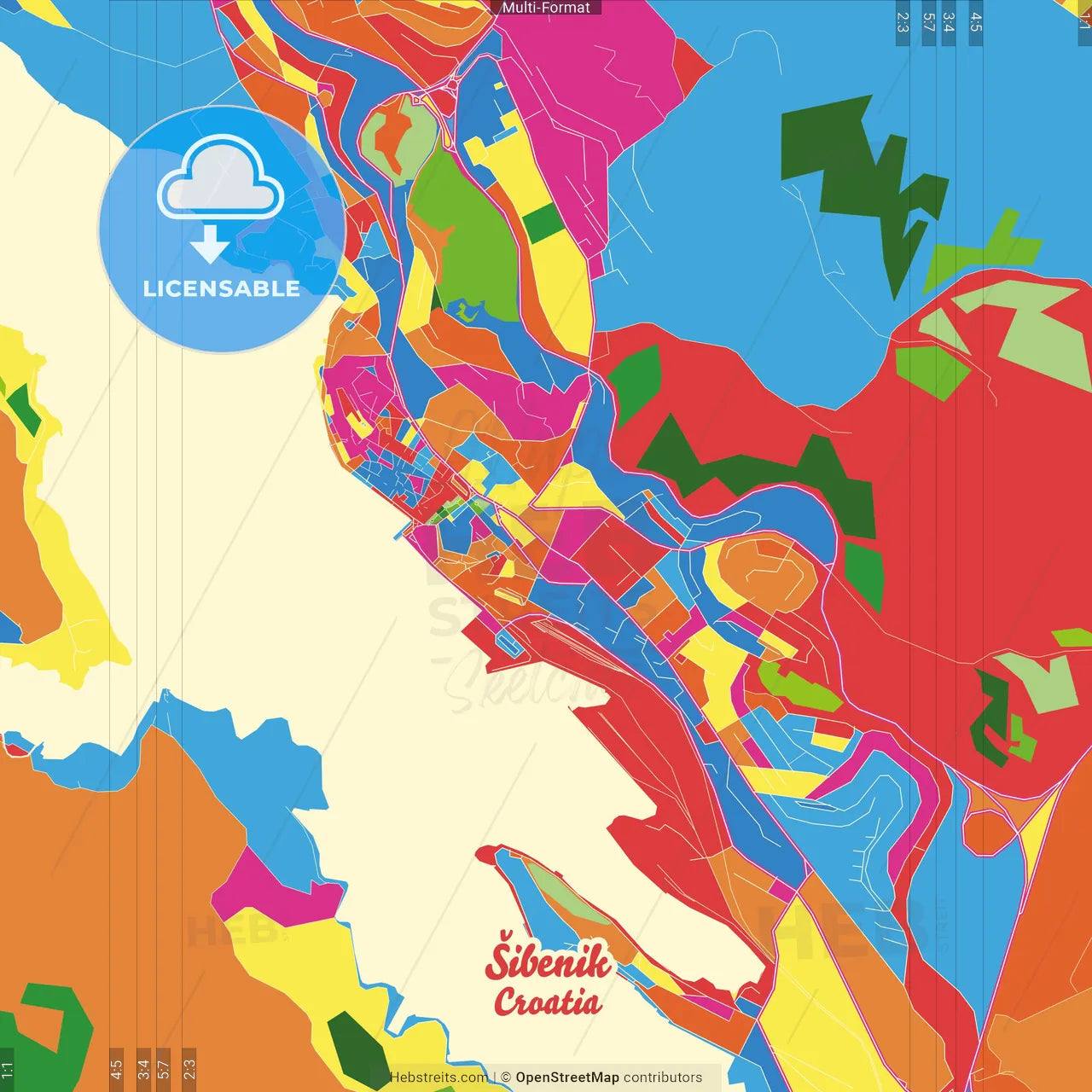 Šibenik, Šibenik-Knin, Croatia Crazy Colorful Street Map Poster Template