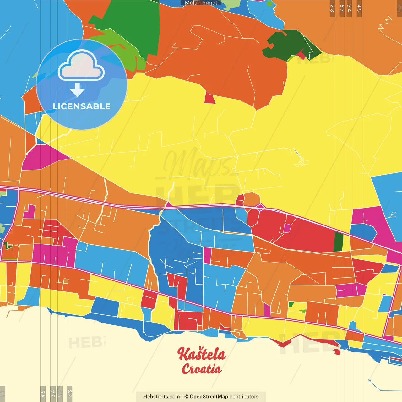 Kaštela, Split-Dalmatia, Croatia Crazy Colorful Street Map Poster Template
