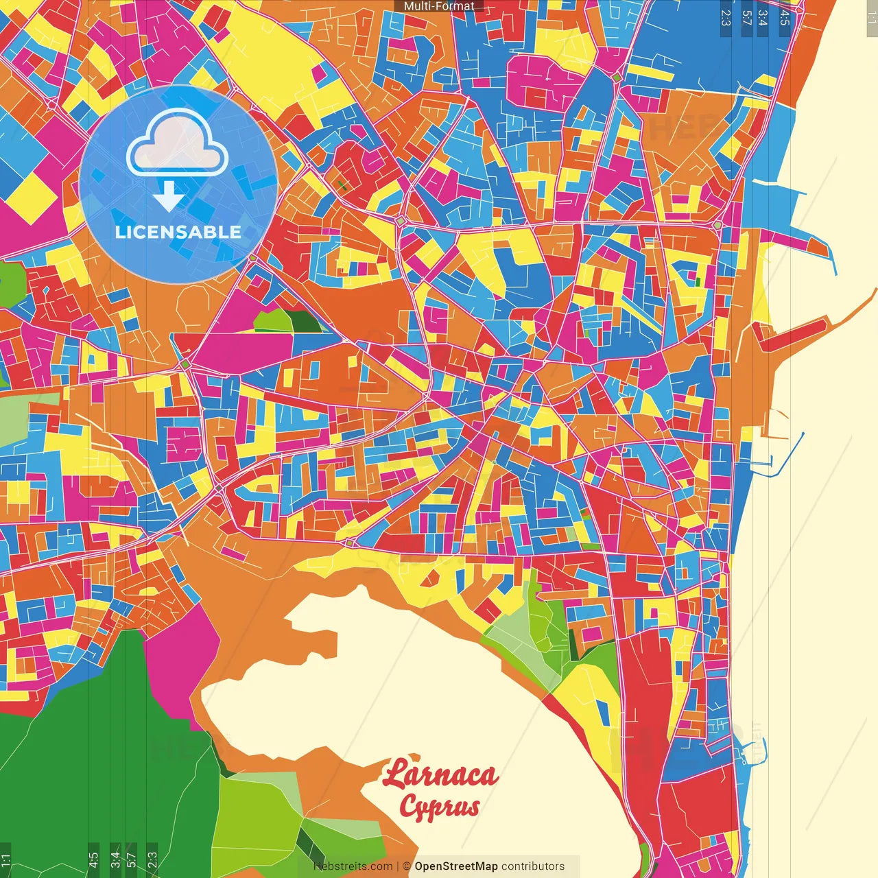 Larnaca , Larnaka, Cyprus Crazy Colorful Street Map Poster Template