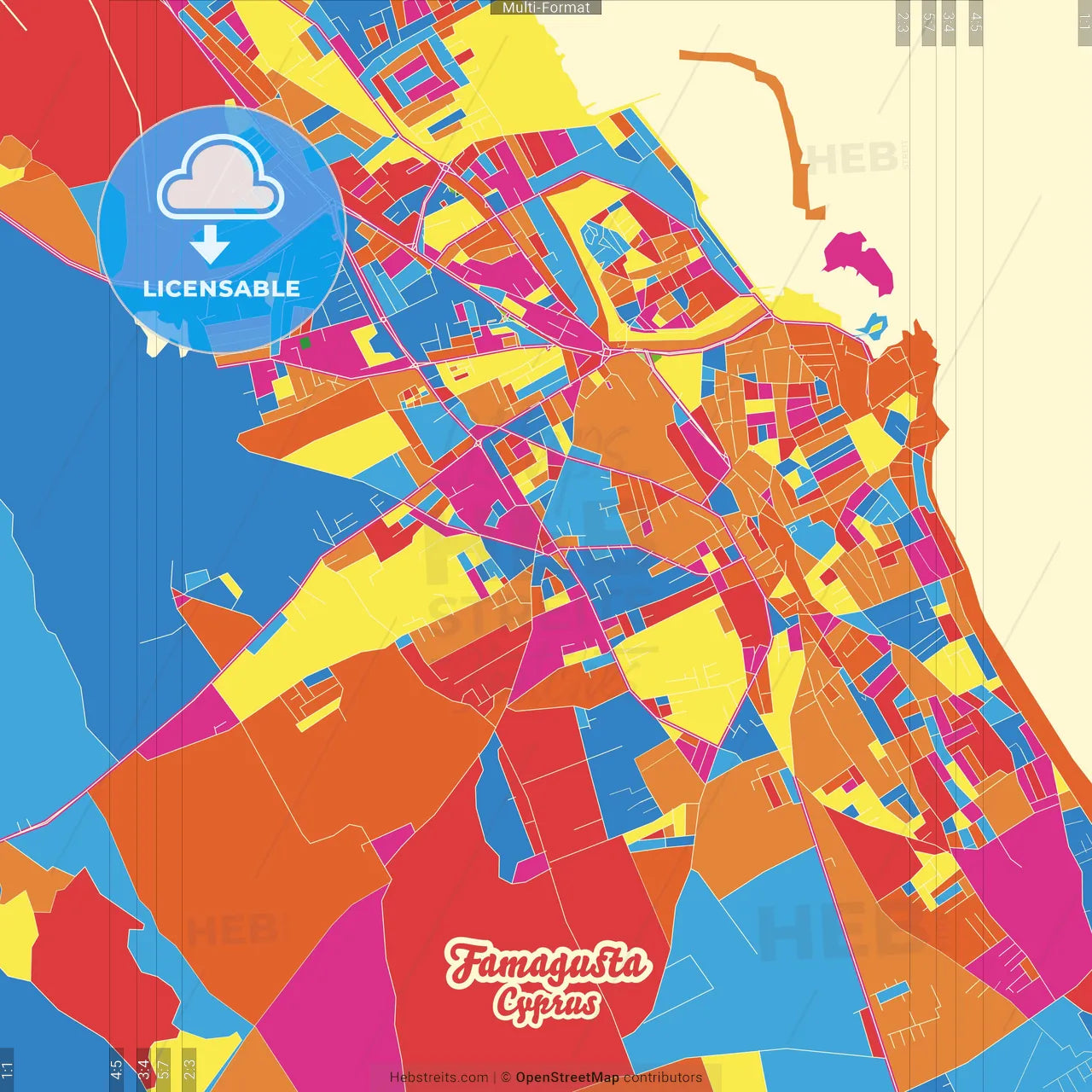 Famagusta , Ammochostos, Cyprus Crazy Colorful Street Map Poster Template