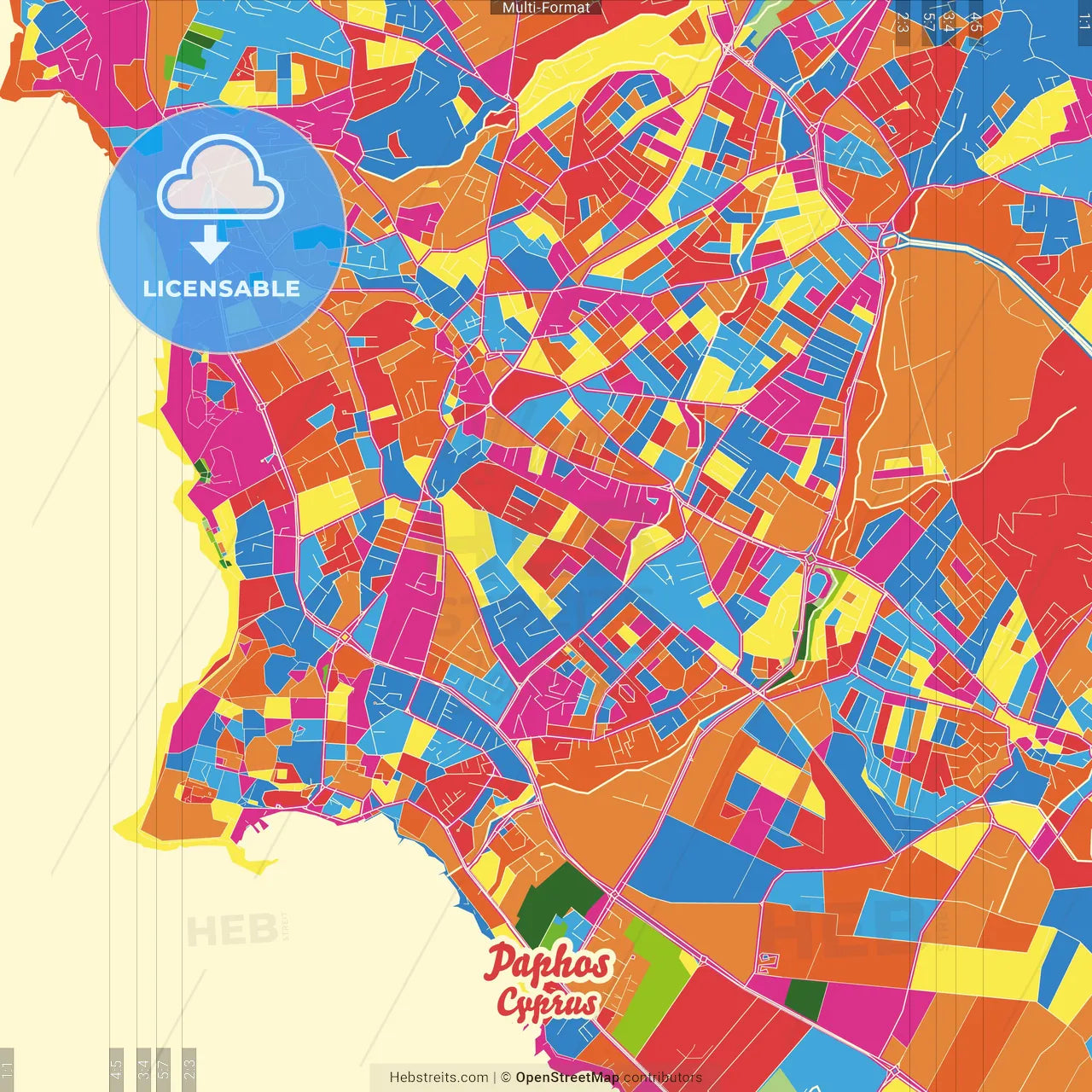 Paphos , Pafos, Cyprus Crazy Colorful Street Map Poster Template