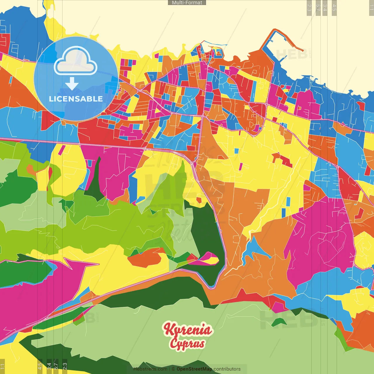 Kyrenia , Keryneia, Cyprus Crazy Colorful Street Map Poster Template