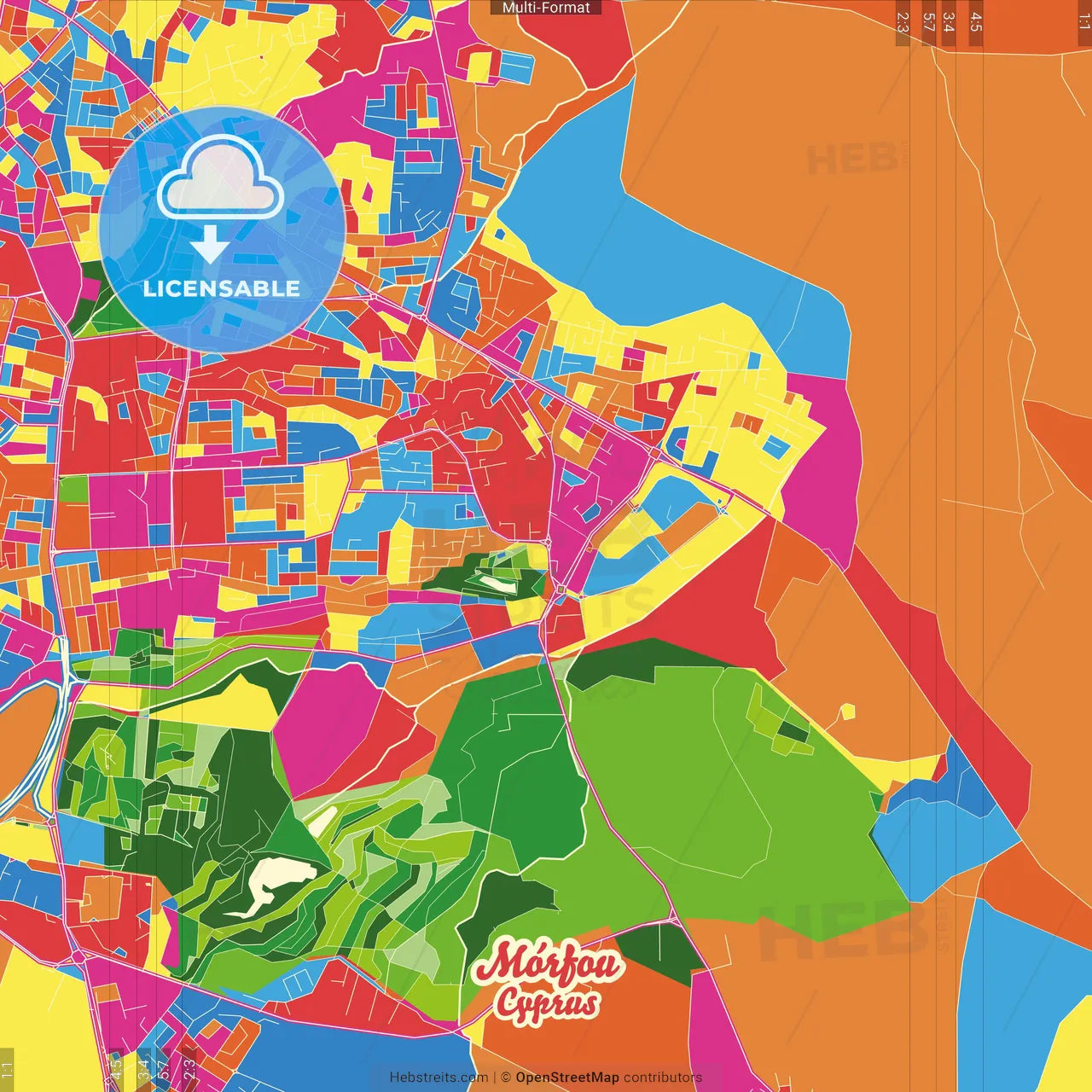 Mórfou , Nicosia, Cyprus Crazy Colorful Street Map Poster Template