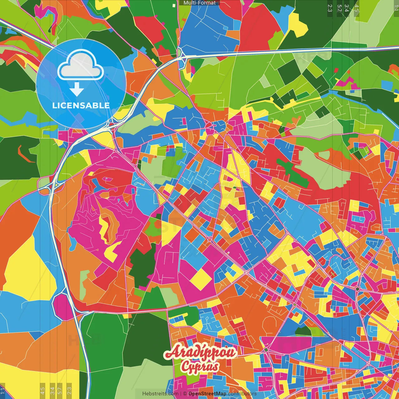 Aradíppou , Larnaka, Cyprus Crazy Colorful Street Map Poster Template