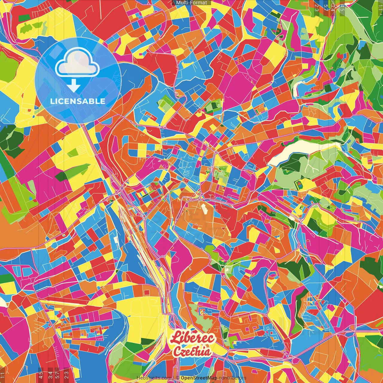Liberec, Liberec Region, Czechia Crazy Colorful Street Map Poster Template