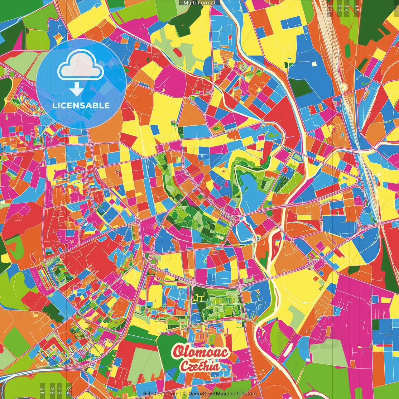Olomouc, Olomouc Region, Czechia Crazy Colorful Street Map Poster Template