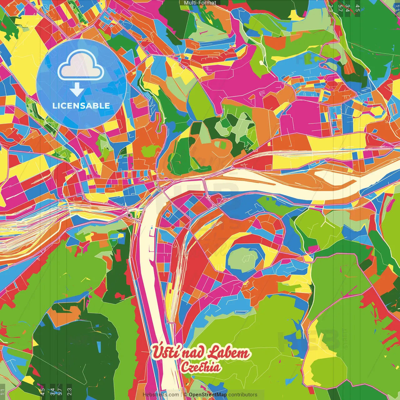 Ústí nad Labem, Ústí nad Labem Region, Czechia Crazy Colorful Street Map Poster Template