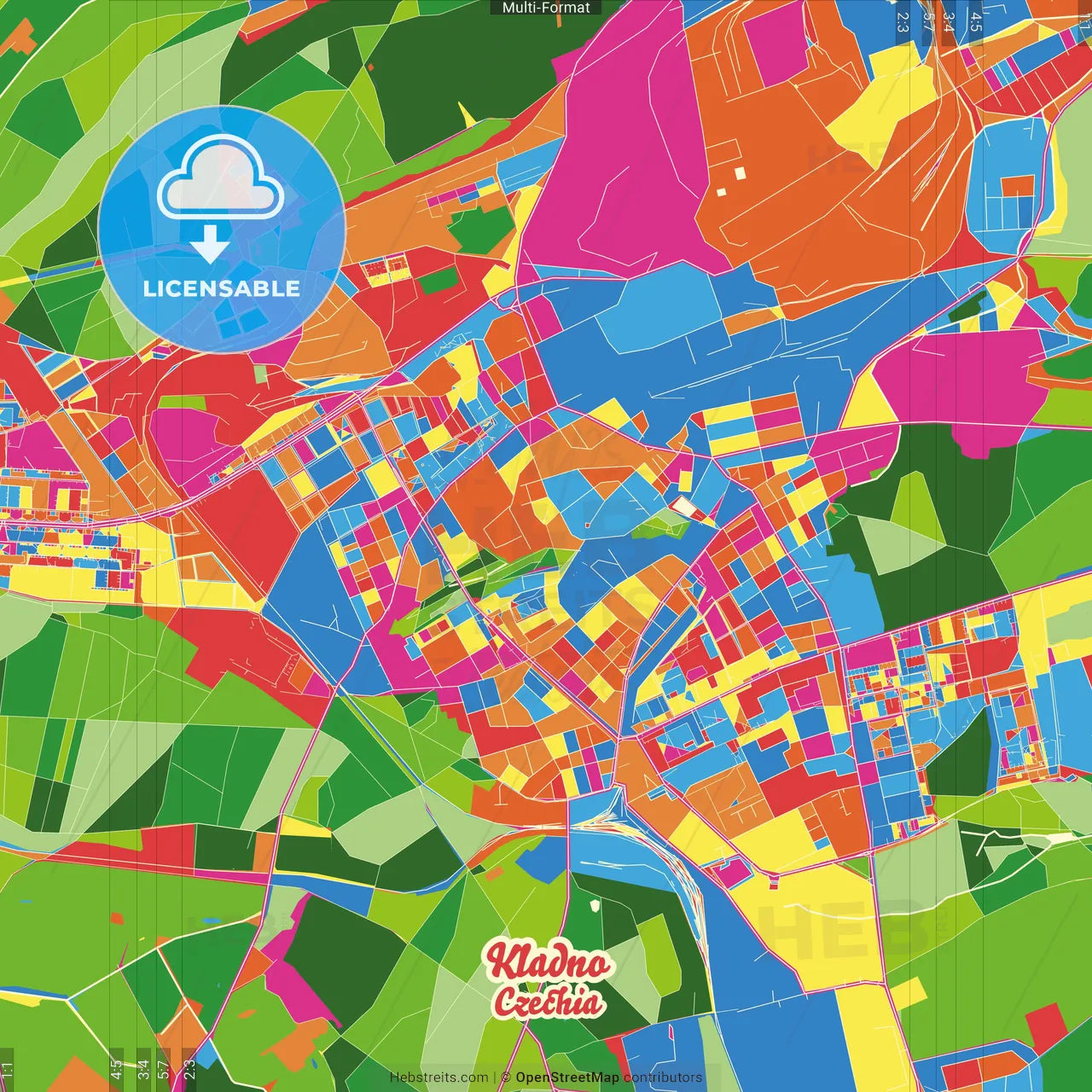 Kladno, Central Bohemian Region, Czechia Crazy Colorful Street Map Poster Template