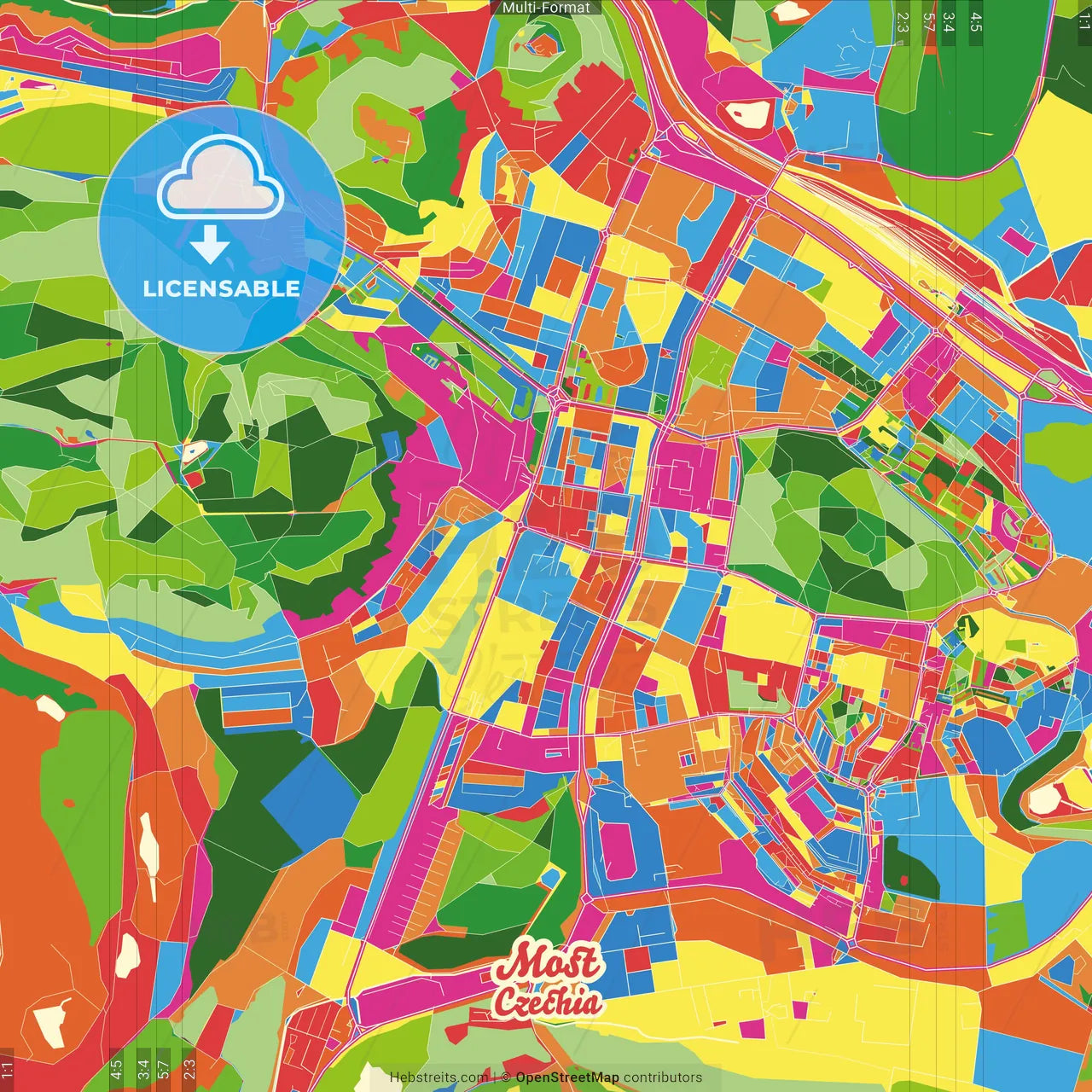 Most, Ústí nad Labem Region, Czechia Crazy Colorful Street Map Poster Template