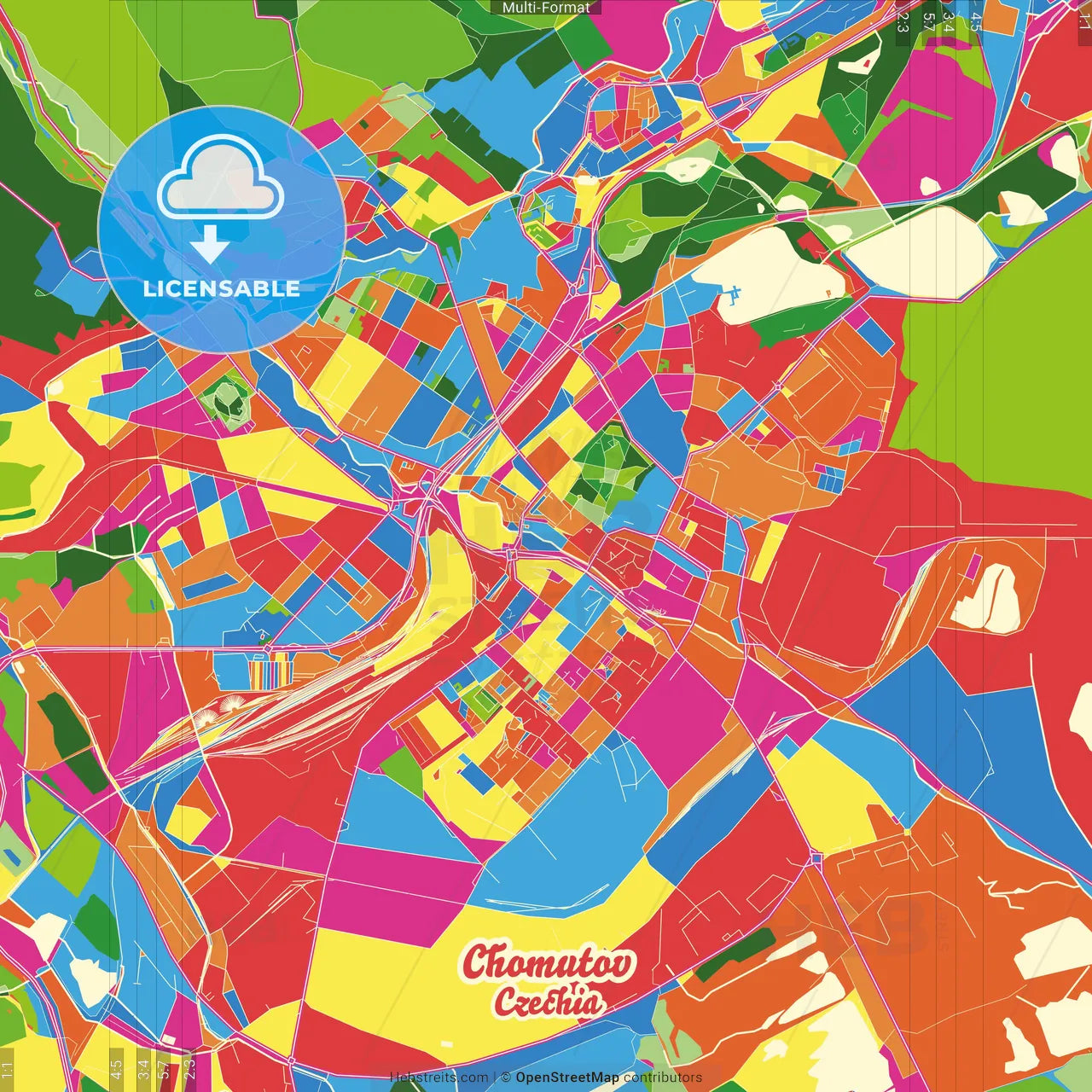 Chomutov, Ústí nad Labem Region, Czechia Crazy Colorful Street Map Poster Template