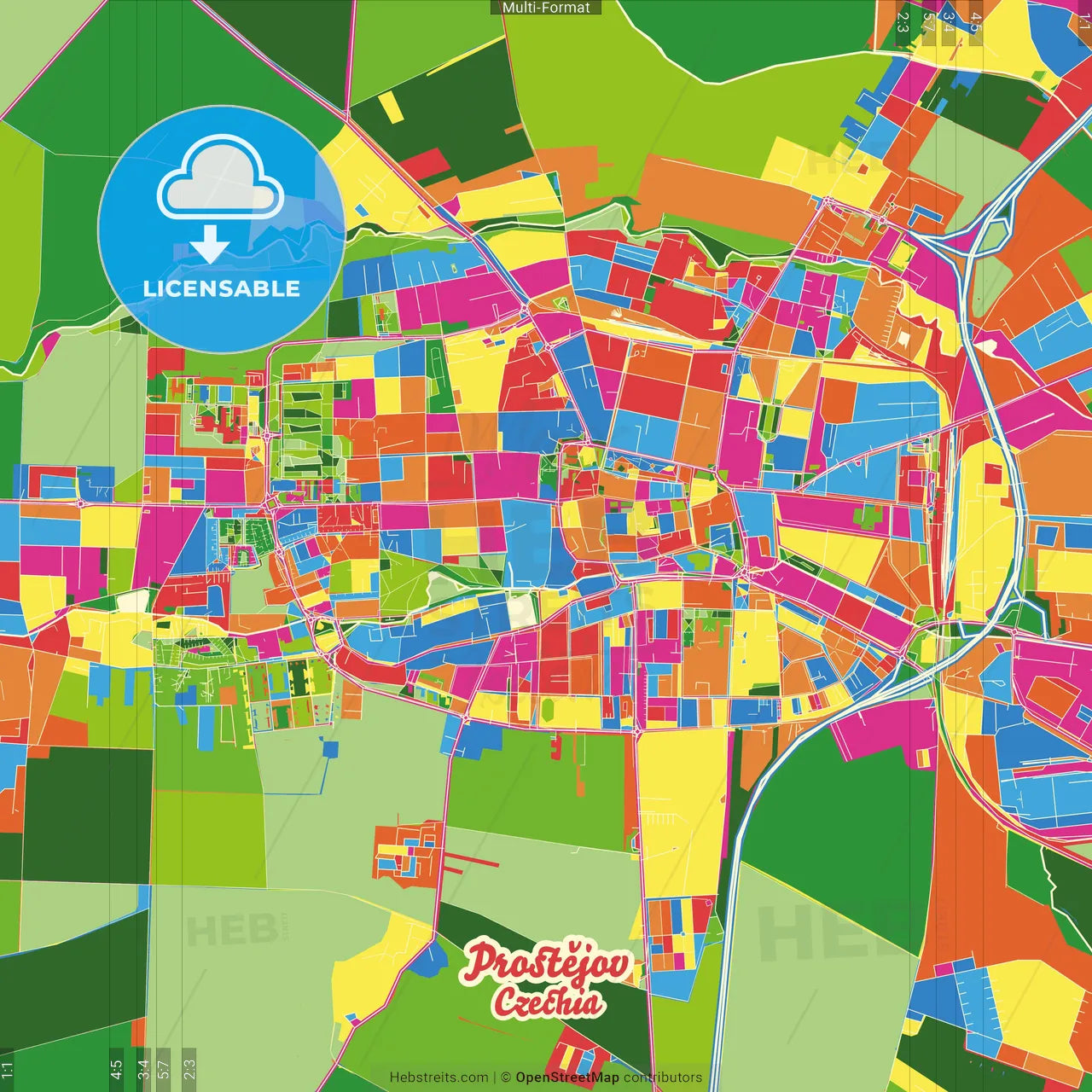 Prostějov, Olomouc Region, Czechia Crazy Colorful Street Map Poster Template