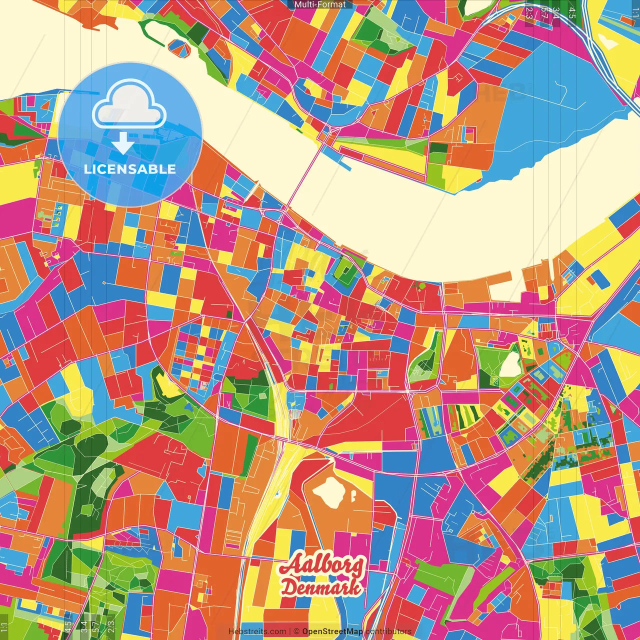Aalborg, Denmark Crazy Colorful Street Map Poster Template