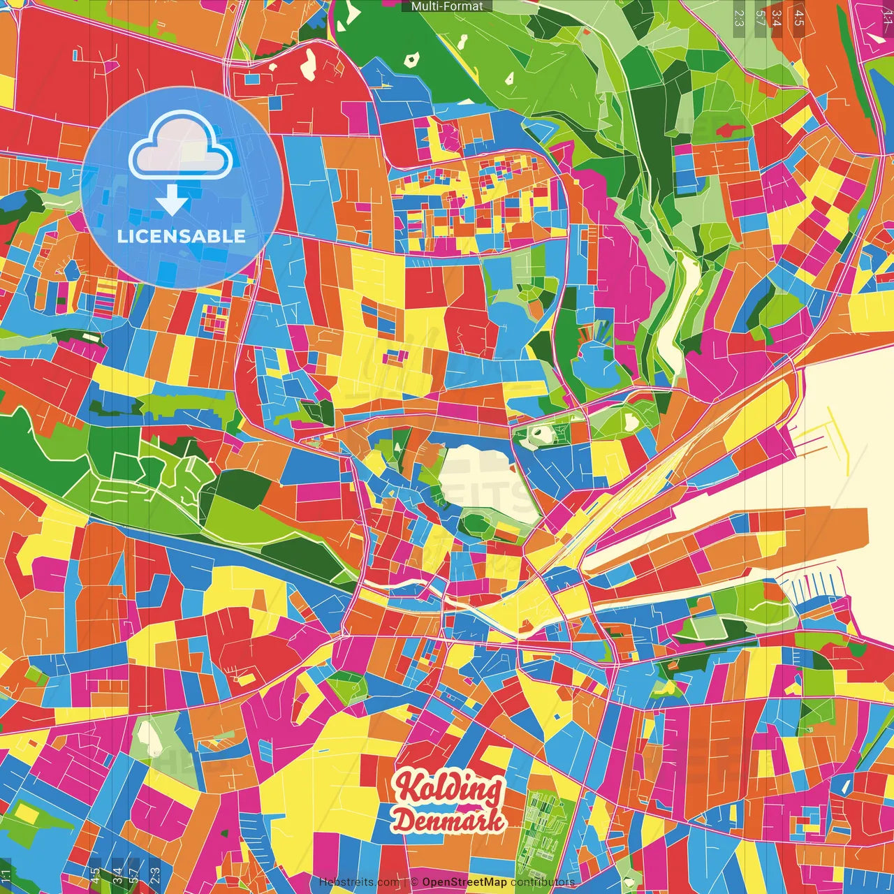 Kolding, Denmark Crazy Colorful Street Map Poster Template