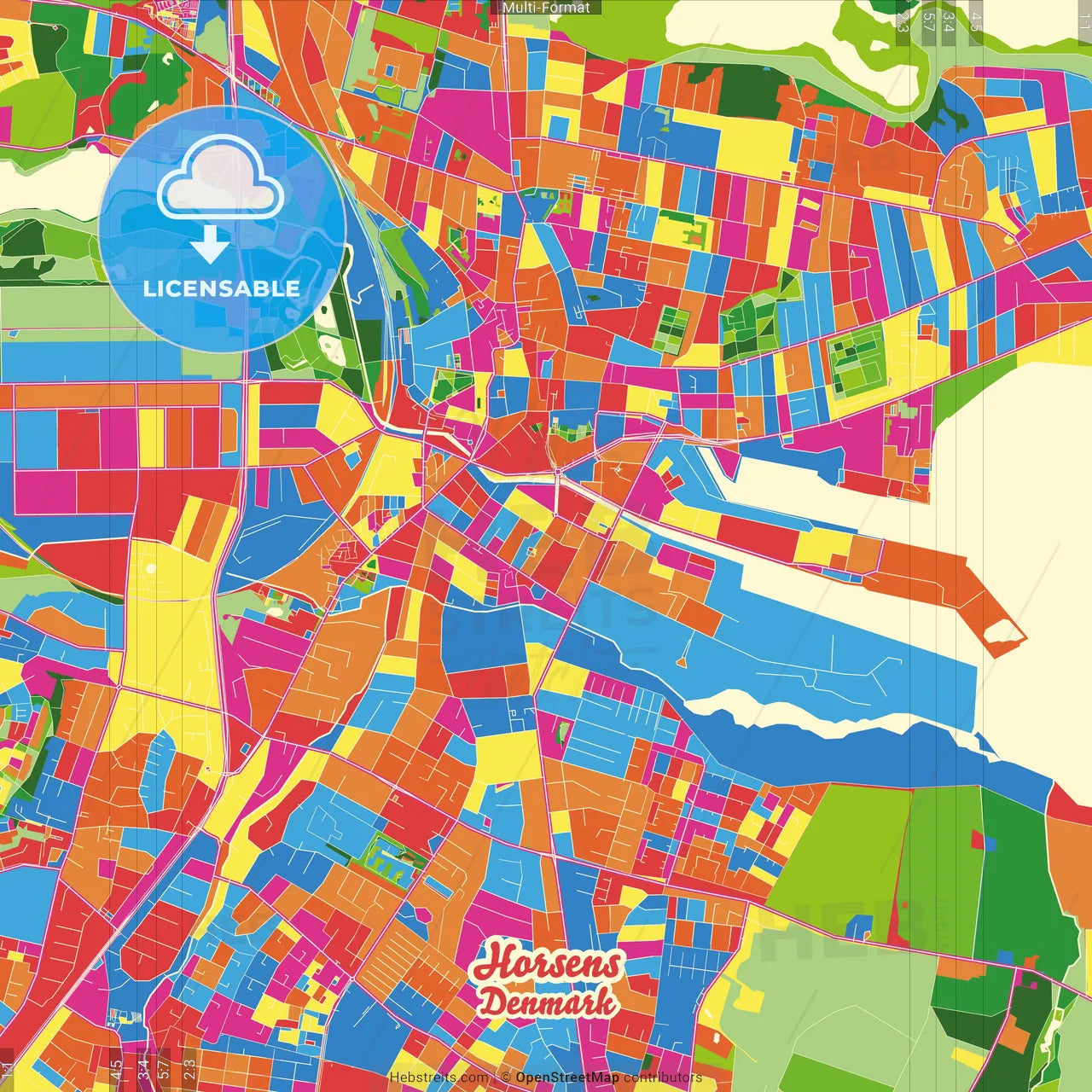 Horsens, Denmark Crazy Colorful Street Map Poster Template