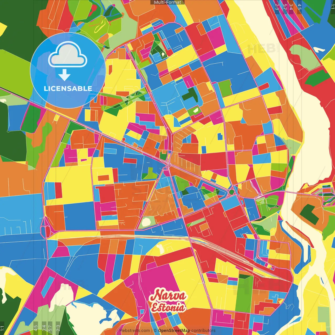 Narva, Ida-Viru, Estonia Crazy Colorful Street Map Poster Template