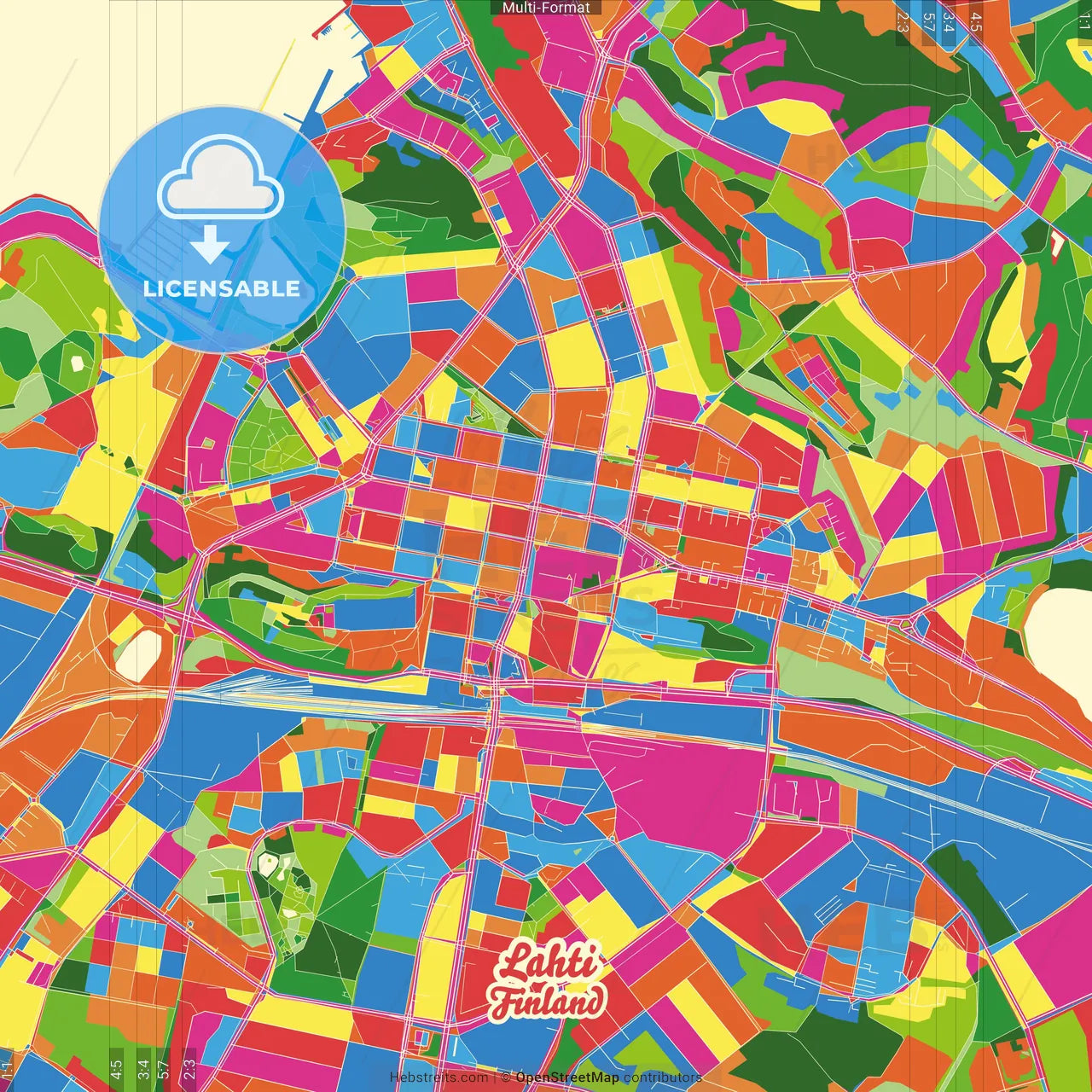 Lahti, Finland Crazy Colorful Street Map Poster Template