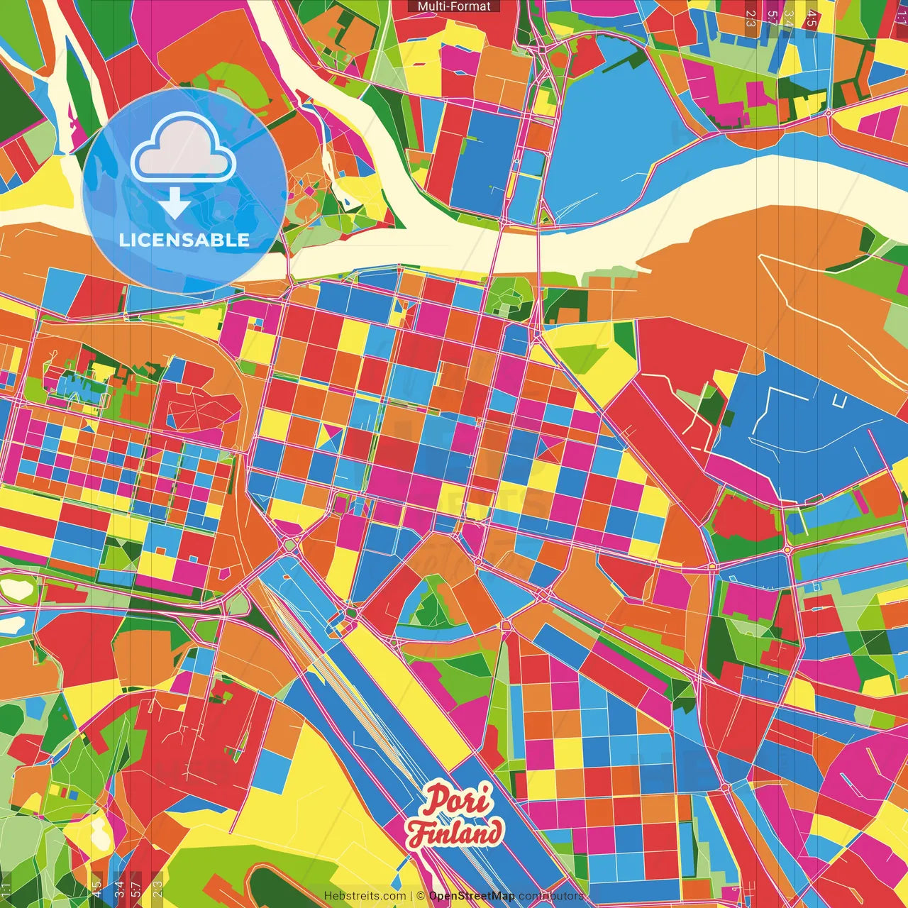 Pori, Finland Crazy Colorful Street Map Poster Template
