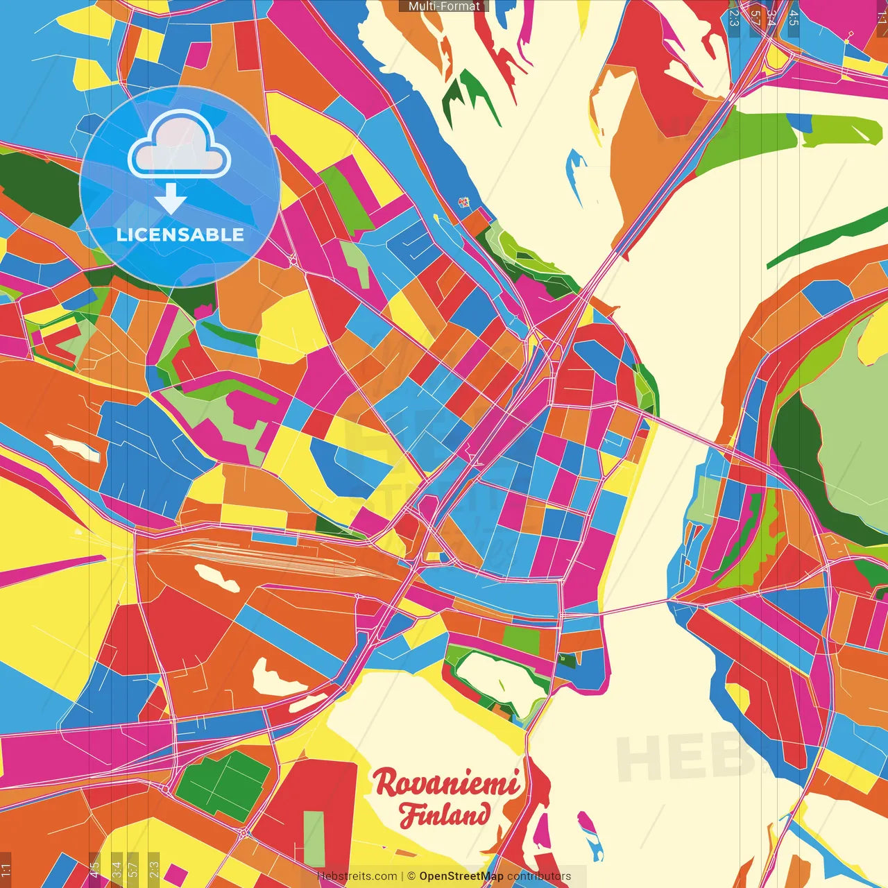 Rovaniemi, Finland Crazy Colorful Street Map Poster Template