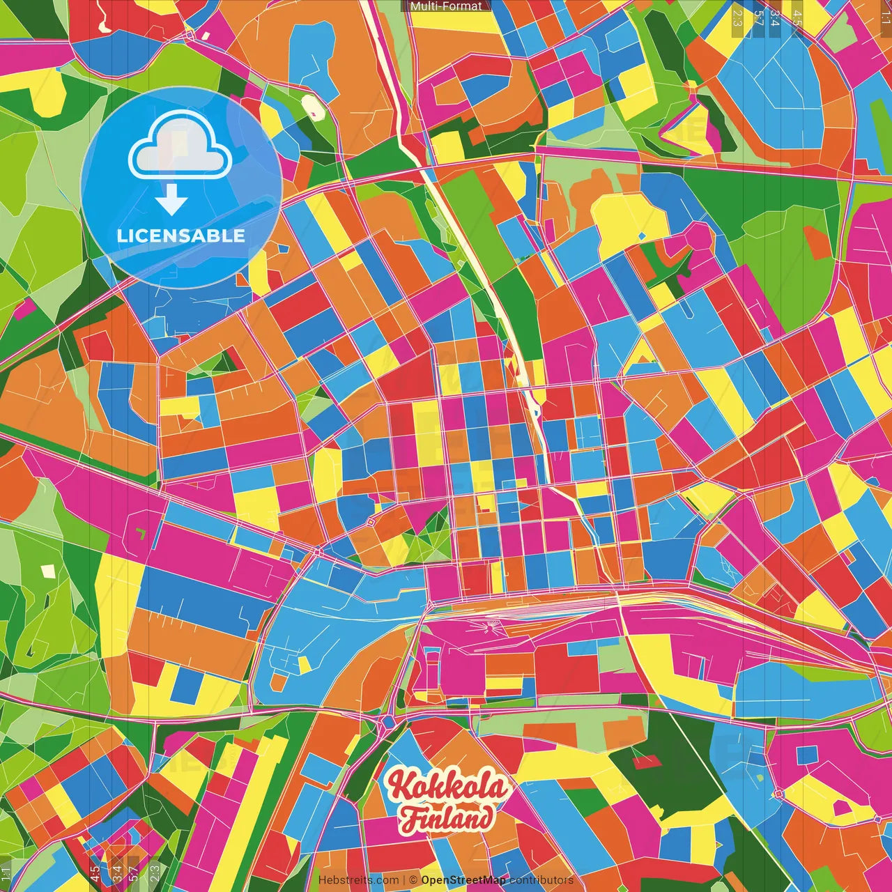 Kokkola, Finland Crazy Colorful Street Map Poster Template