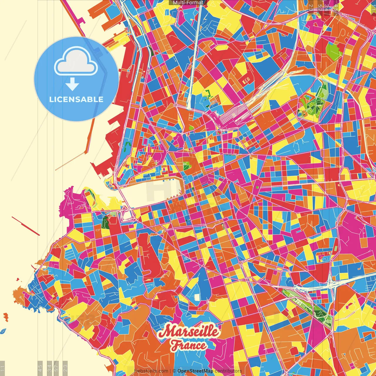 Marseille, Bouches-du-Rhône, France Crazy Colorful Street Map Poster Template