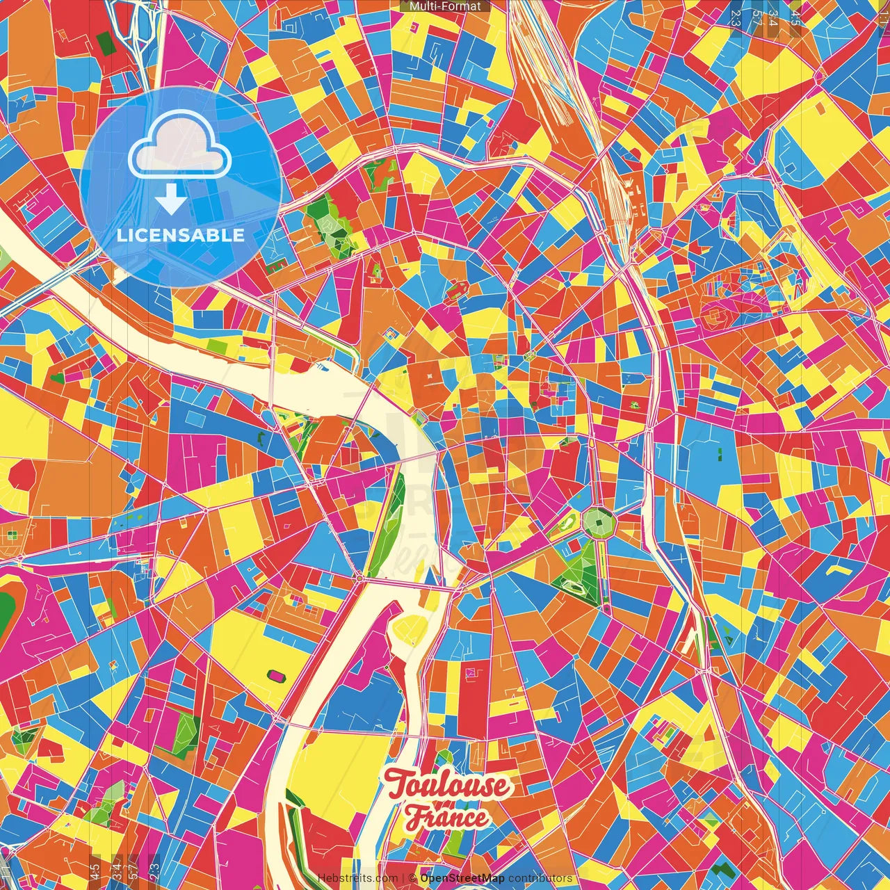 Toulouse, Haute-Garonne, France Crazy Colorful Street Map Poster Template