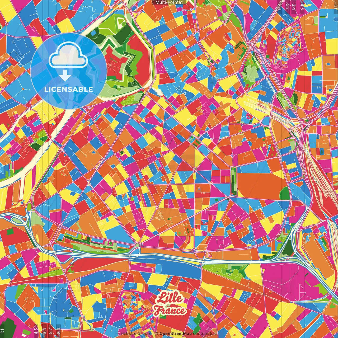 Lille, Nord, France Crazy Colorful Street Map Poster Template