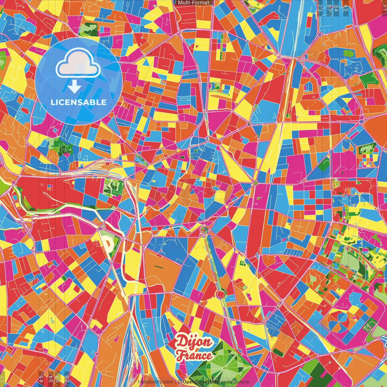 Dijon, Côte-d Or, France Crazy Colorful Street Map Poster Template