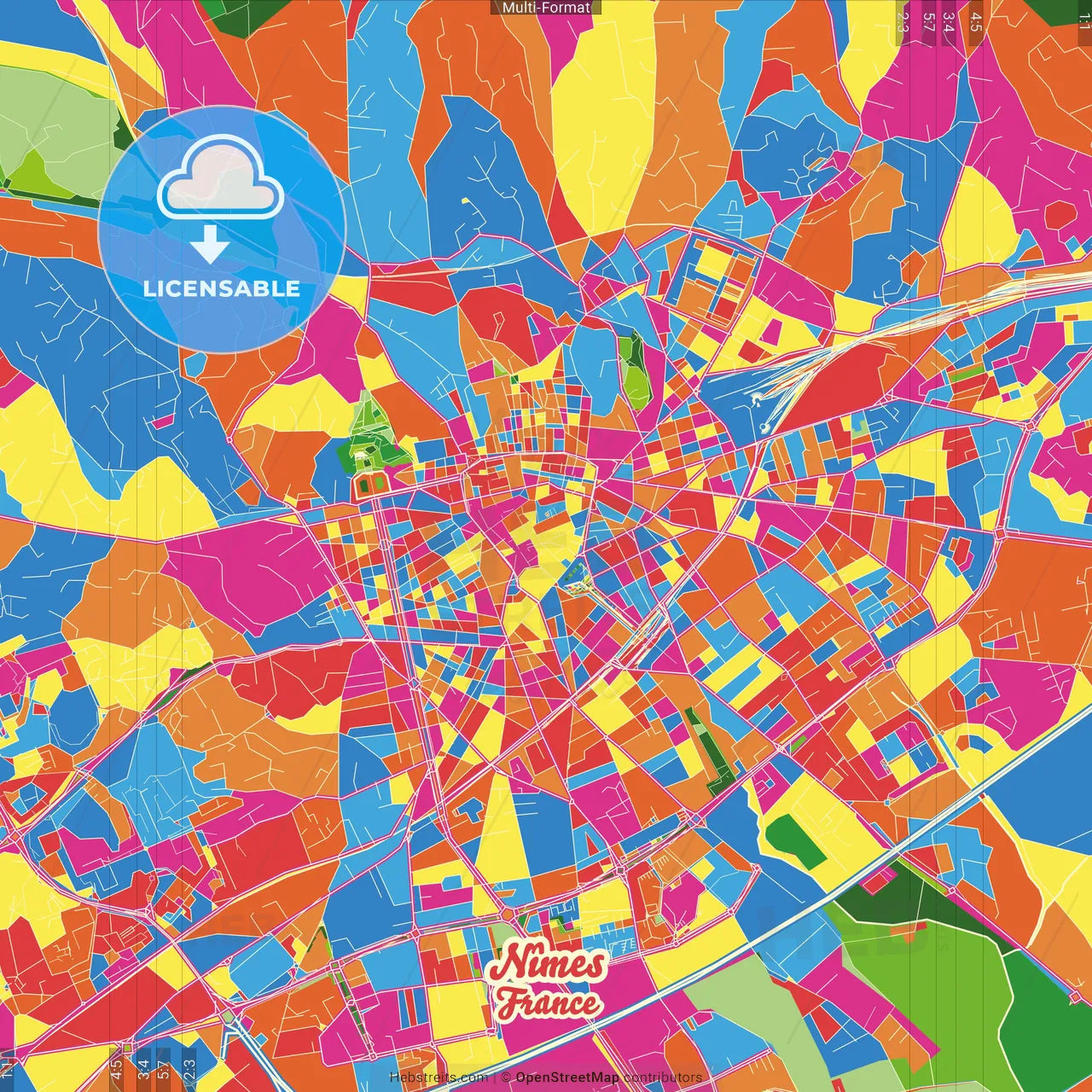Nîmes, Gard, France Crazy Colorful Street Map Poster Template