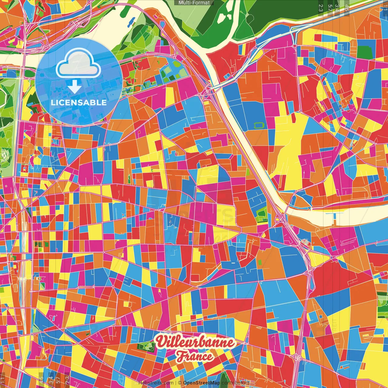 Villeurbanne, Rhône, France Crazy Colorful Street Map Poster Template