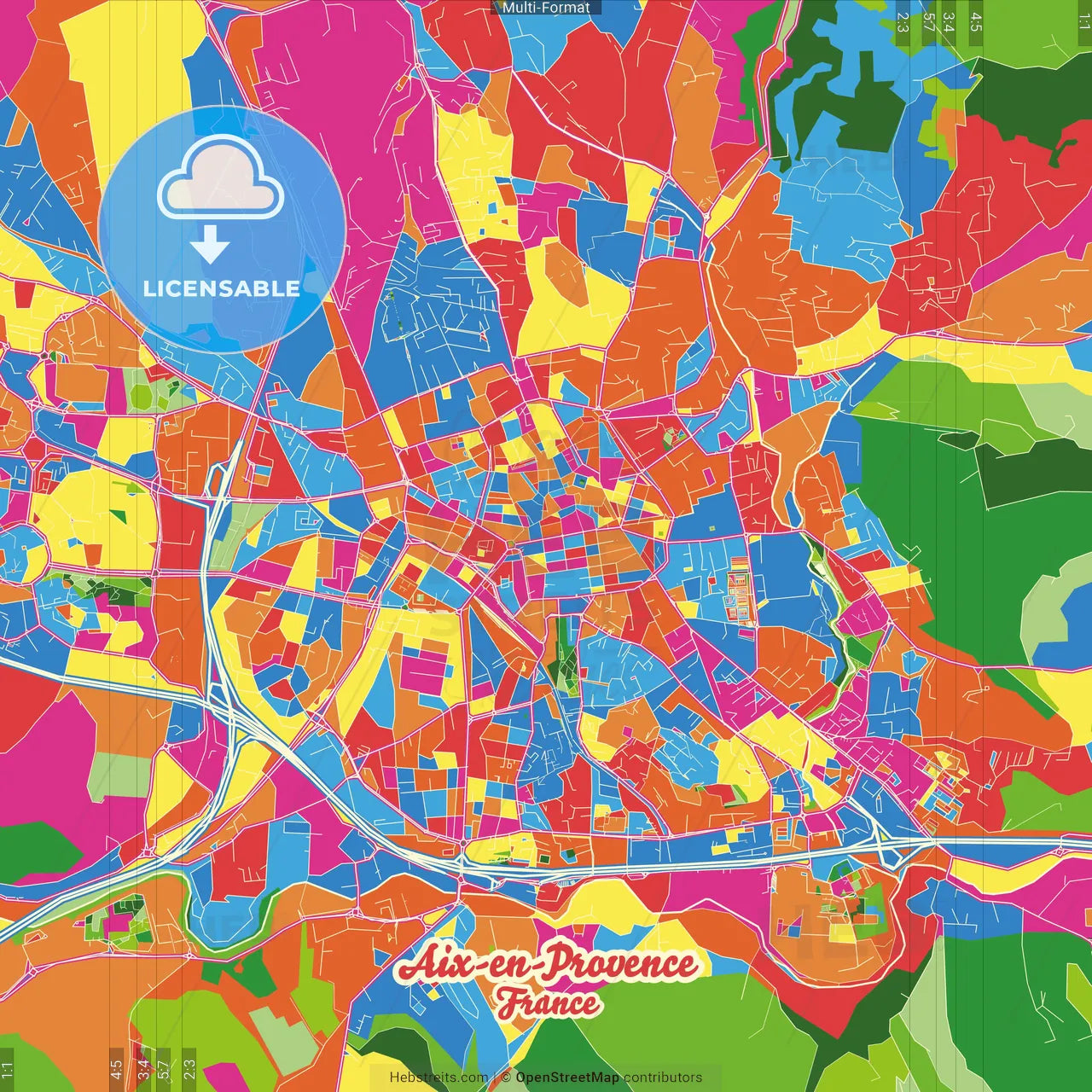 Aix-en-Provence, Bouches-du-Rhône, France Crazy Colorful Street Map Poster Template