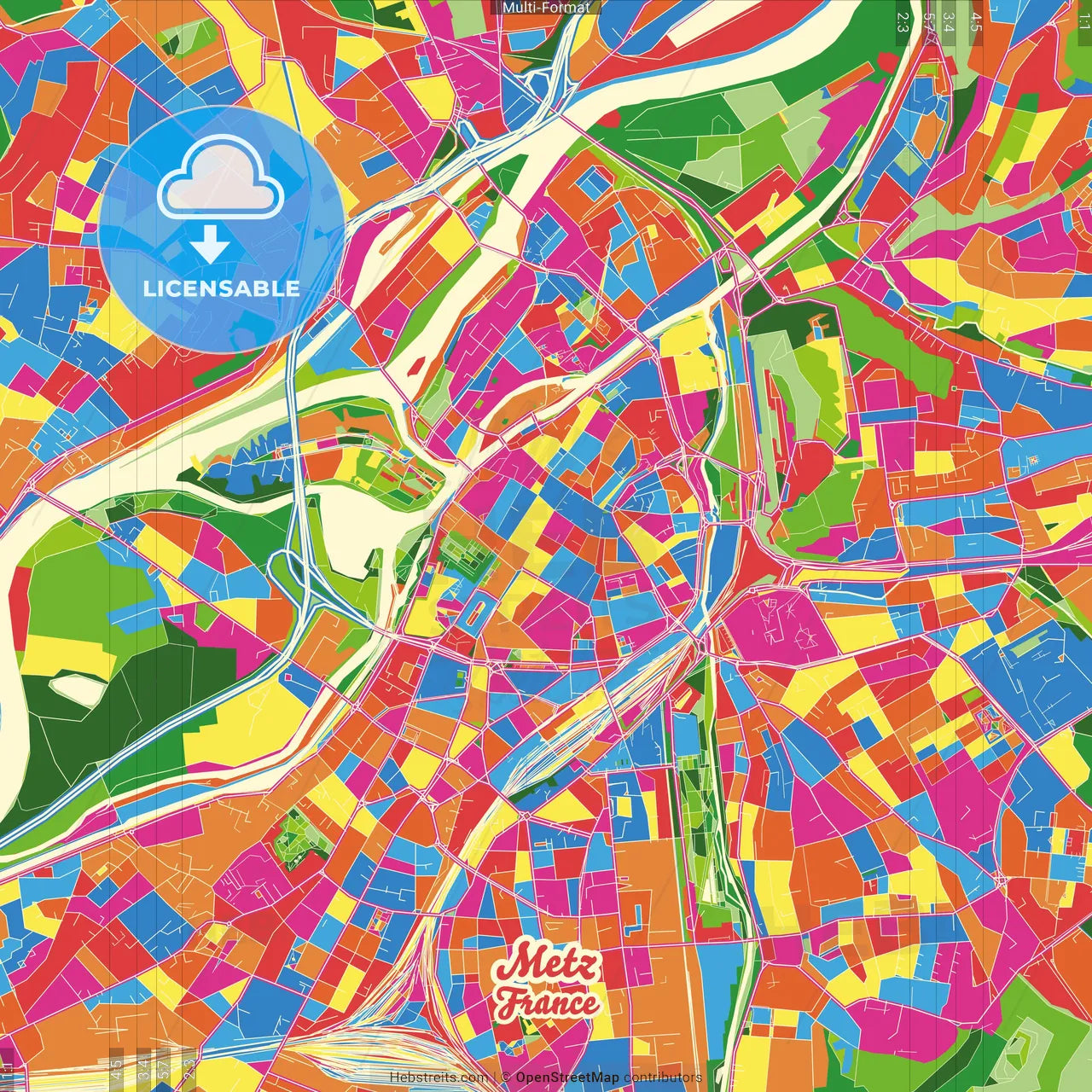 Metz, Moselle, France Crazy Colorful Street Map Poster Template