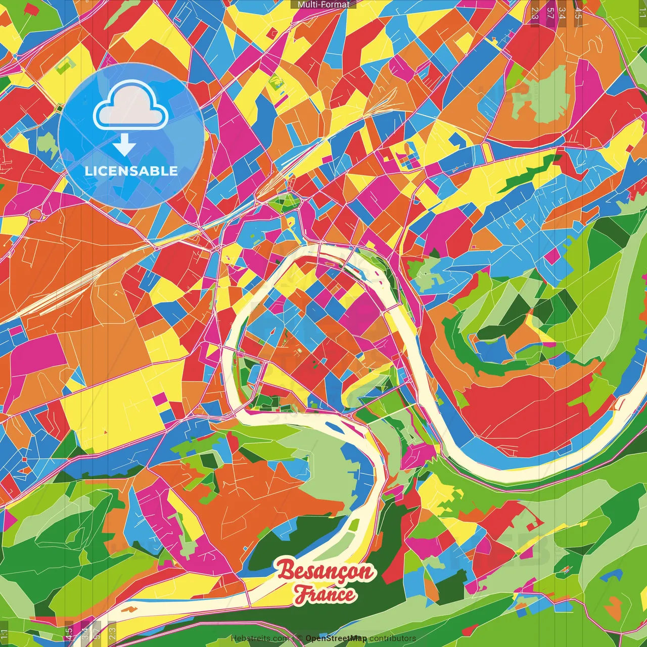 Besançon, Doubs, France Crazy Colorful Street Map Poster Template